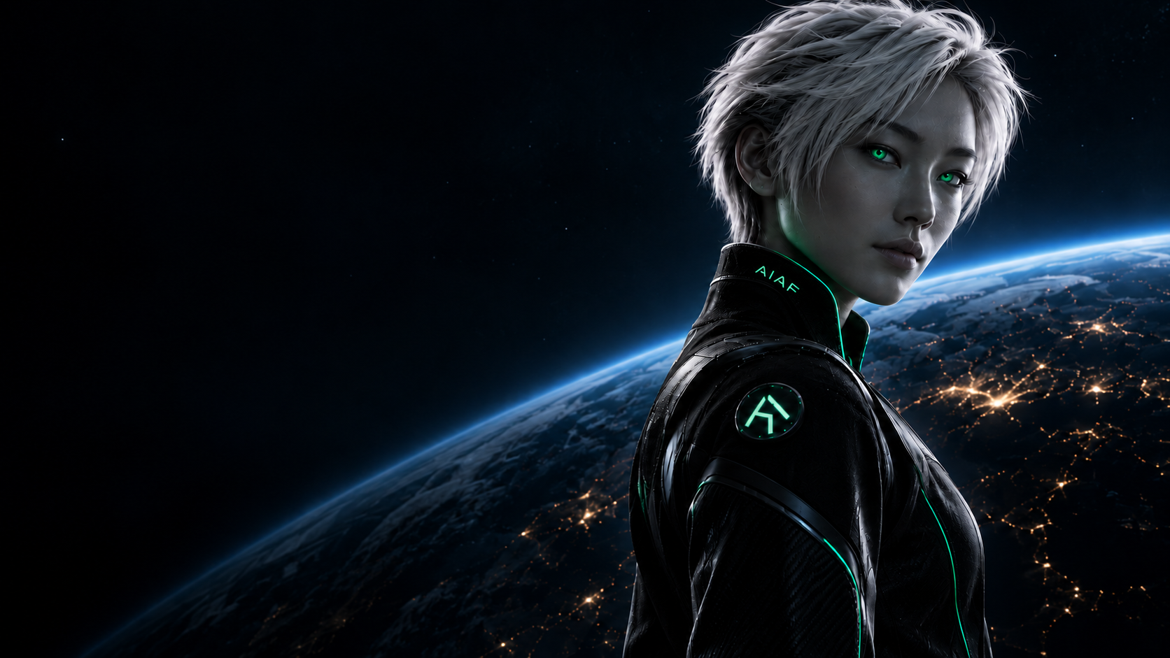 AIAF Zero, silver-haired and green-eyed, overlooking Earth