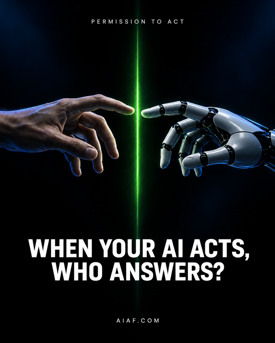A human hand and robotic hand reaching toward a narrow green permission gate, with the question When your AI acts, who answers?